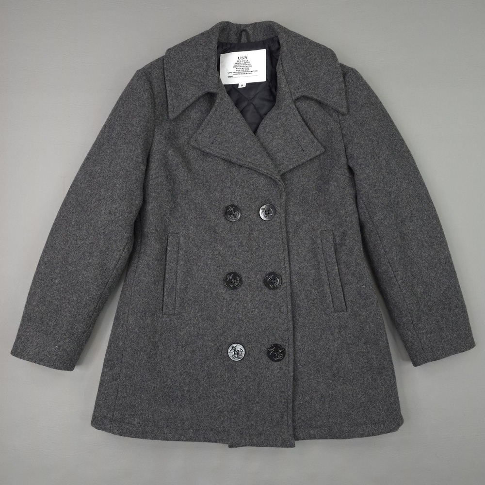 USN Coat Womens Small Gray Wool Navy Pea Coat Double Breasted Anchor USA Lined